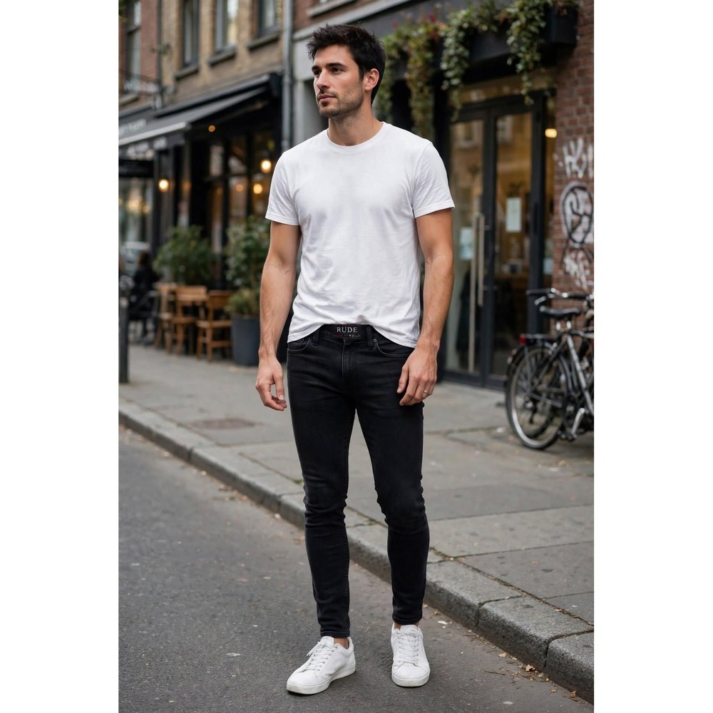 Rude Mens W30 L30 Straight Cut Skinny Jeans Black Denim Emo Punk Rock Goth